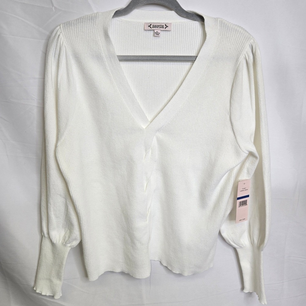 Nanette Lepore Balloon Sleeve‎ V-Neck Sweater, Cannoli Cream, Size XL, New